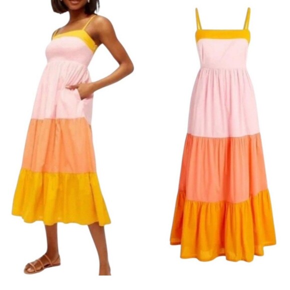 J. Crew Dresses & Skirts - J.Crew Reimagined Tiered Color Block Pink Orange Midi Dress With Pockets Size 12